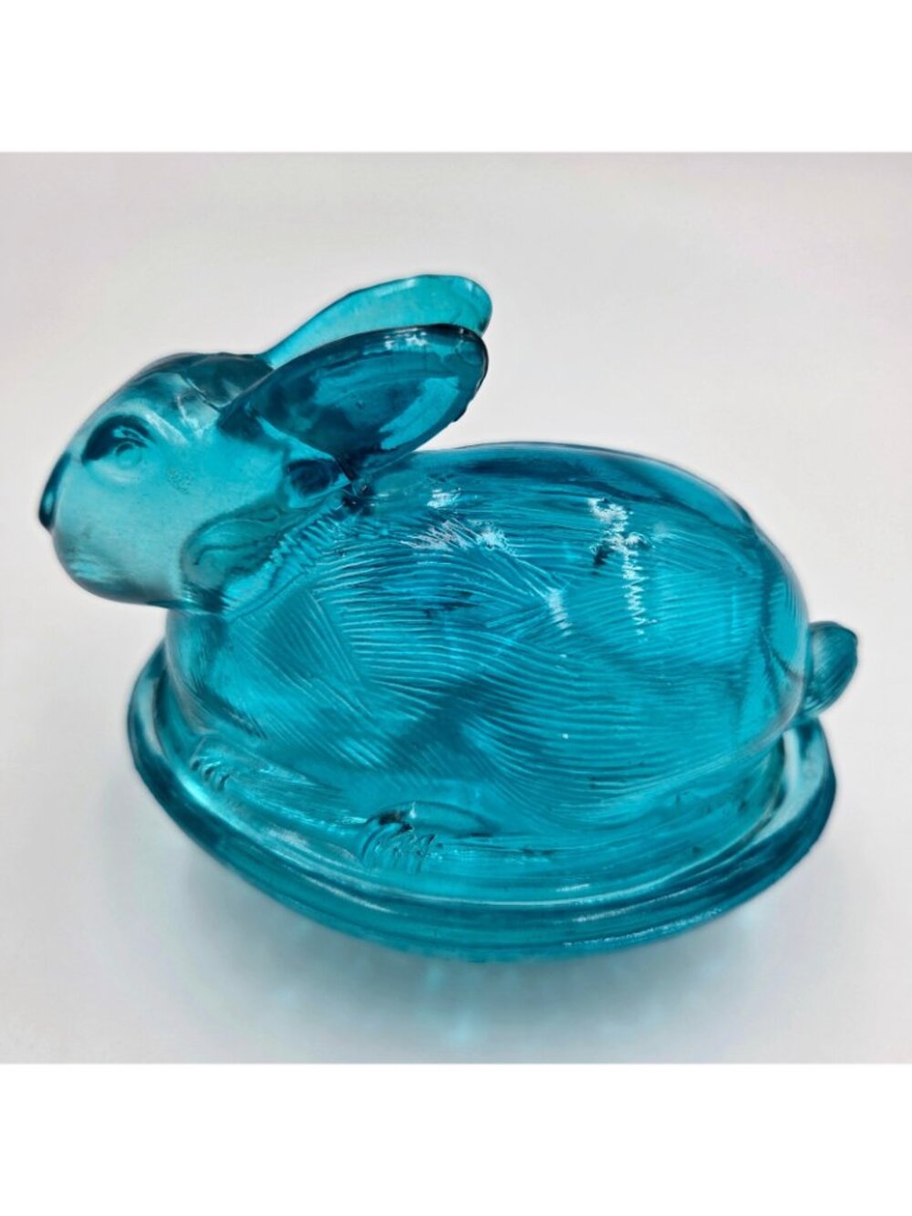 Vintage Blue Glass Bunny Rabbit Basket Weave Nest Covered Candy Dish Easter Read - Picture 4 of 15